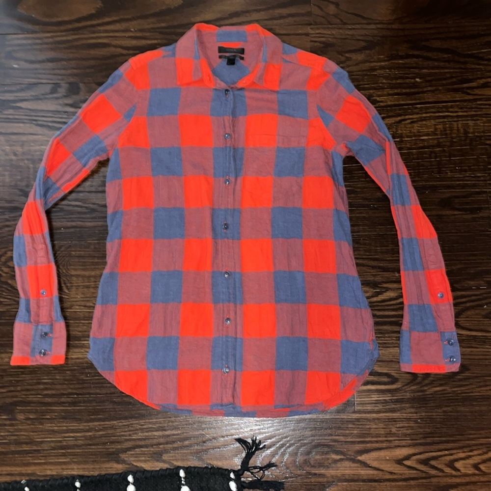 J crew black label blue red button up flannel boy shirt sz 2